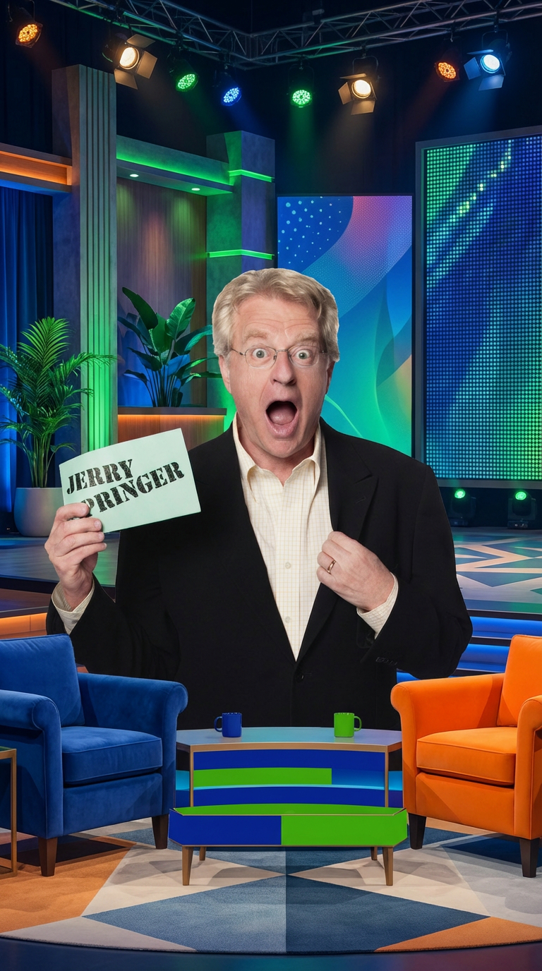 Jerry Springer holding a name card